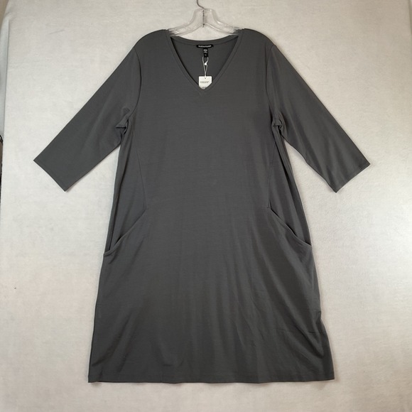 Eileen Fisher Dresses & Skirts - Eileen Fisher Metor Grey Tencel V-Neck A-Line Dress 3/4 Sleeve Pockets L NEW